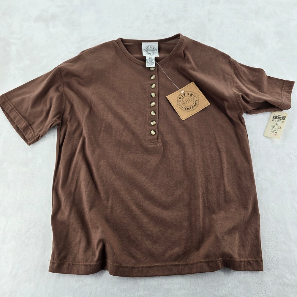 Erika & Company Henley Womens M Shirt Brown Short Sleeve Button Neck 5900 FA NWT